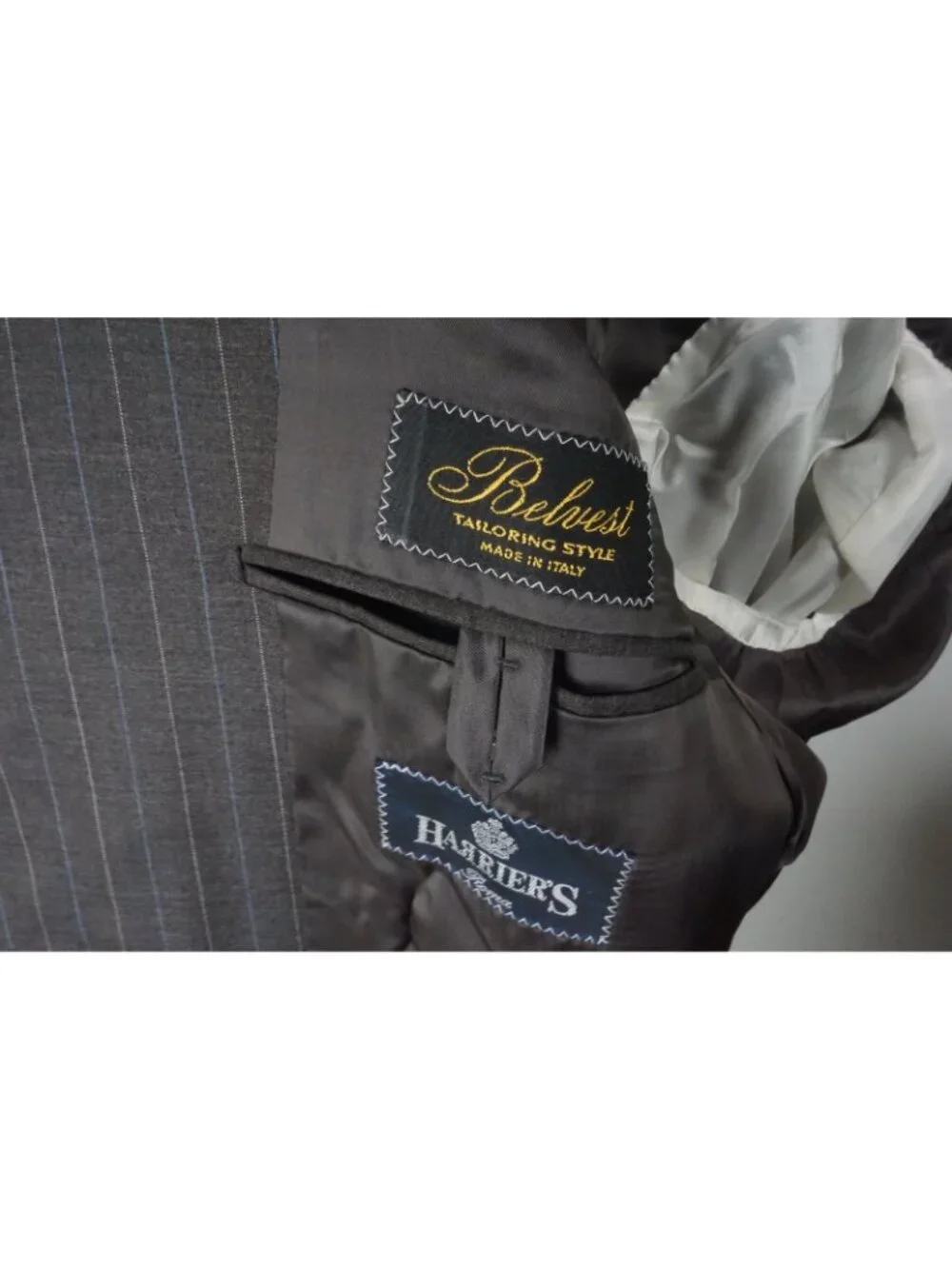 Belvest Gray Blue Beige Striped 150s Wool 2 Pc Suit Jacket Pants 46R Brand New
